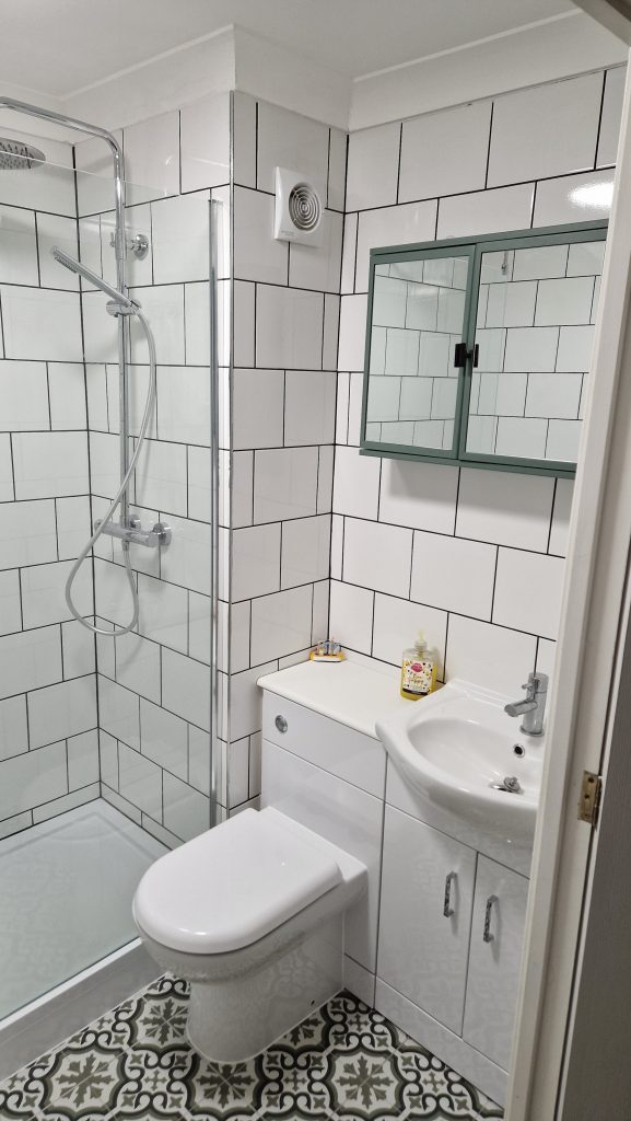 A small shower room tiled in white with dark grout, with a basin unit and a green framed mirrored cabinet